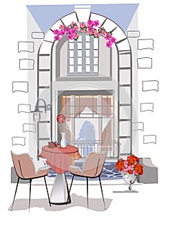 Series of backgrounds decorated with flowers, old town views and street cafes. photo